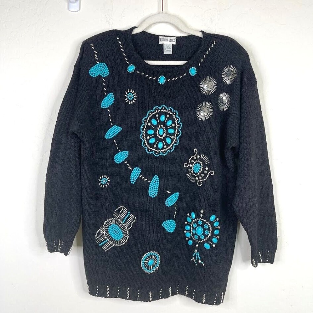 Victoria Jones Woman Black Sweater with Blue Accents